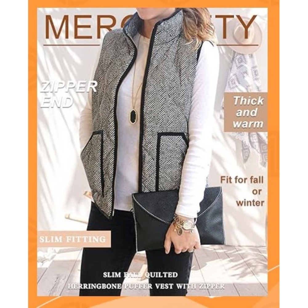 Quilted Puffer Herringbone Tweed Vest Black White Full‎ Zip Pockets Women's Sz M